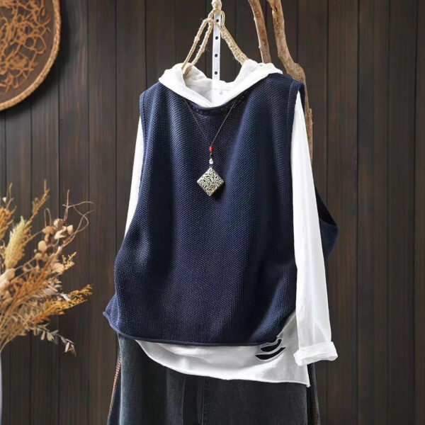 Retro Casual Round Neck Pullover Knitted Cotton Vest - Image 3