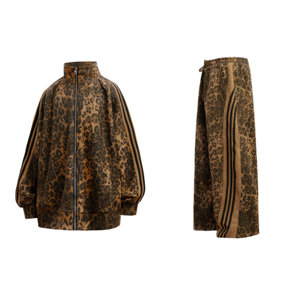 Leopard Print Niche Stand Collar Zipper Special Jacket Coat Retro Set