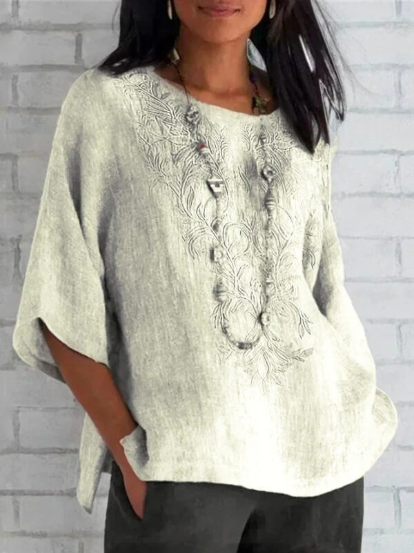 Autumn And Winter Women's Three-quarter Sleeve Loose Casual Print T-shirt Linen Cotton And Linen - Image 5