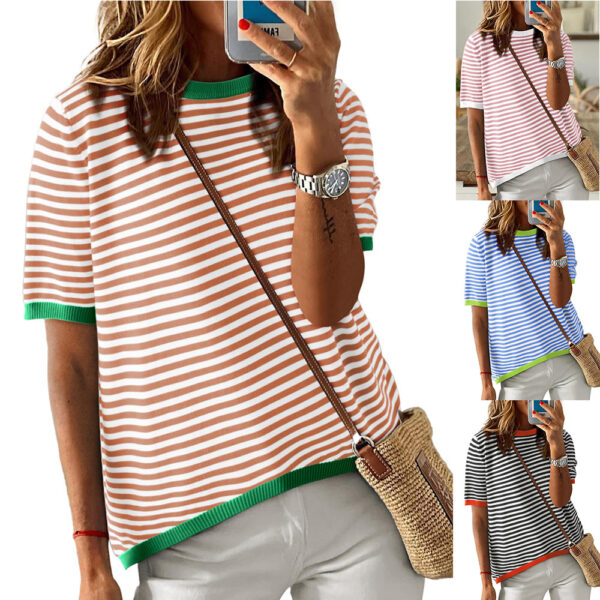 Women's Round Neck Striped Contrast Color Short Sleeve Casual - Image 3
