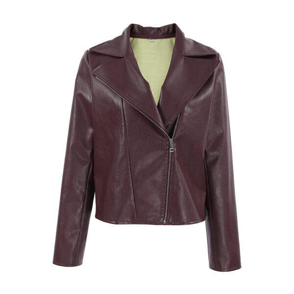 Wine Red Faux Leather Suit Collar Long Sleeve Jacket - Image 3