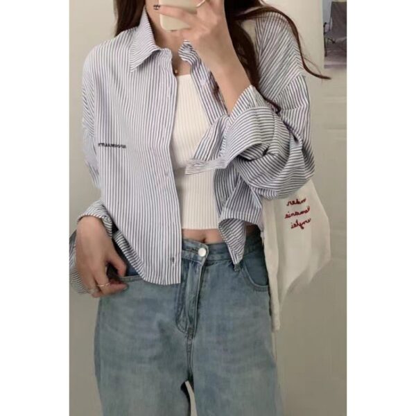 Vertical Striped Short Embroidery Shirt - Image 4