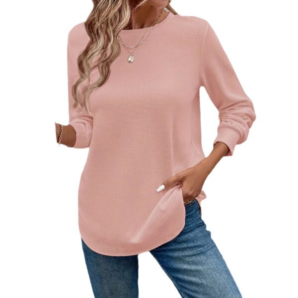 Round Neck Long Sleeve Solid Color Top Waffle T-shirt For Women - Image 4