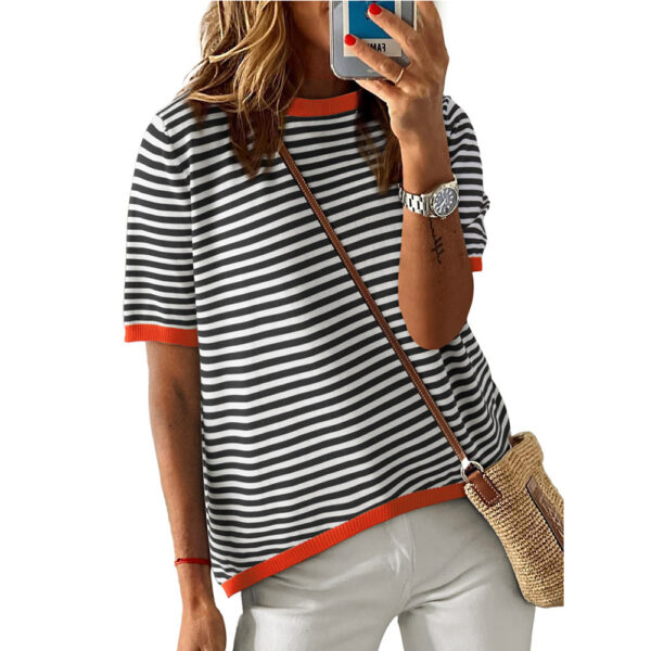 Women's Round Neck Striped Contrast Color Short Sleeve Casual - Image 2