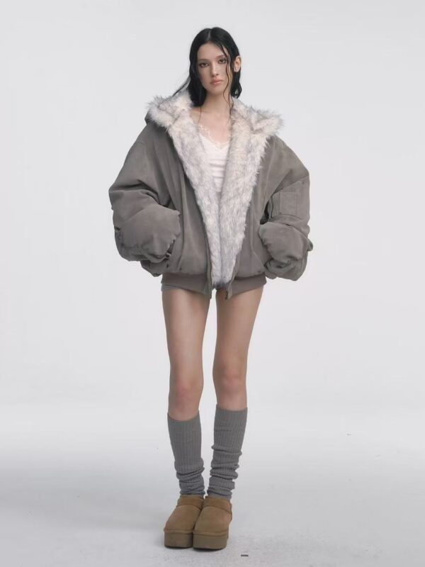 Gray Double-sided Dyed Pointed Fur Vintage Cotton-padded Jacket Coat - Image 2