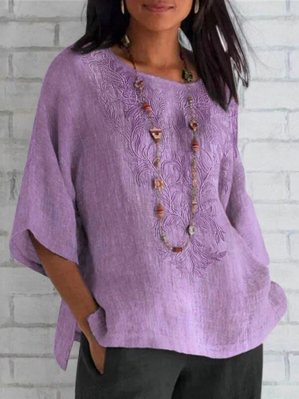 Autumn And Winter Women's Three-quarter Sleeve Loose Casual Print T-shirt Linen Cotton And Linen - Image 2