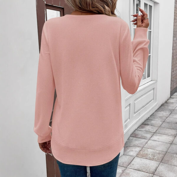 Round Neck Long Sleeve Solid Color Top Waffle T-shirt For Women - Image 2