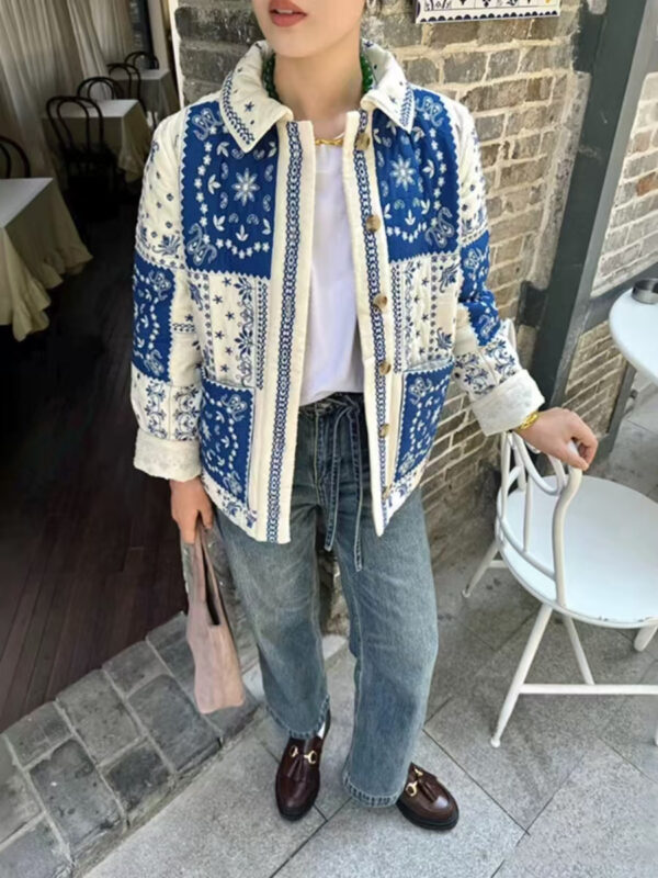 Autumn And Winter Ethnic Style Floral Contrast Color Thin Embroidery Cotton-padded Jacket - Image 4
