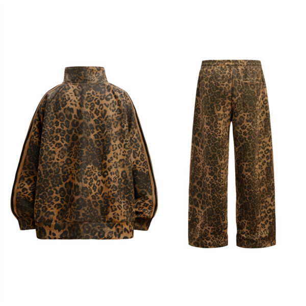 Leopard Print Niche Stand Collar Zipper Special Jacket Coat Retro Set - Image 2