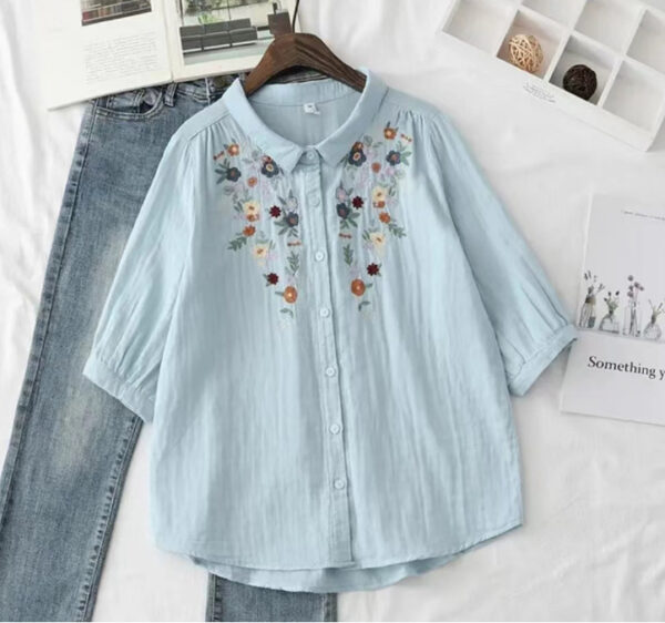 Women's Flower Embroidered Cotton Yarn Shirt Summer - Image 2