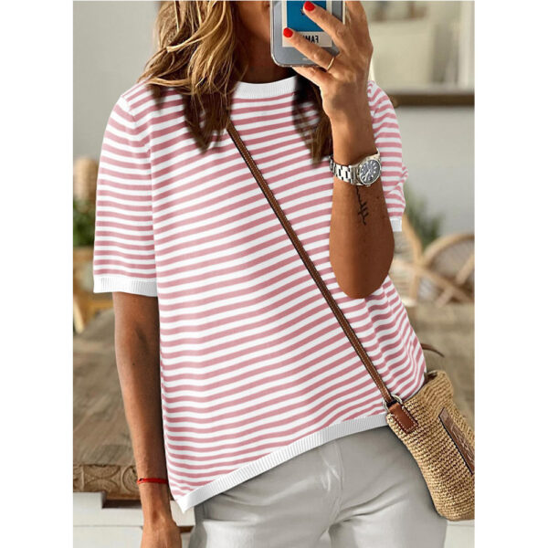 Women's Round Neck Striped Contrast Color Short Sleeve Casual - Image 4