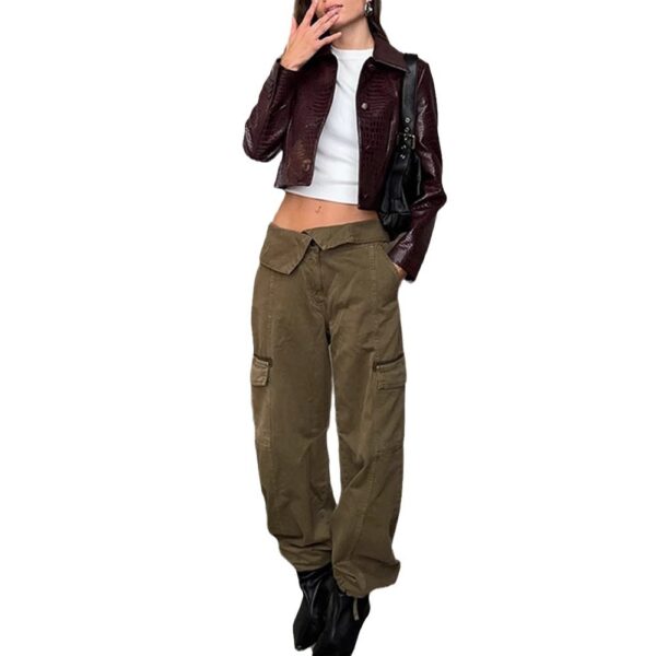 Wine Red Lapel Long Sleeve Leather Coat - Image 5