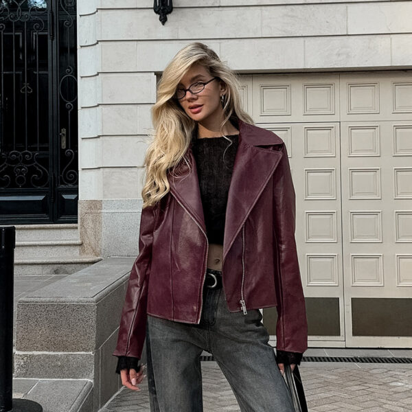 Wine Red Faux Leather Suit Collar Long Sleeve Jacket - Image 4