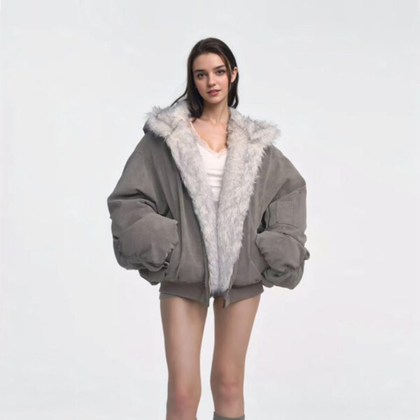 Gray Double-sided Dyed Pointed Fur Vintage Cotton-padded Jacket Coat - Image 6