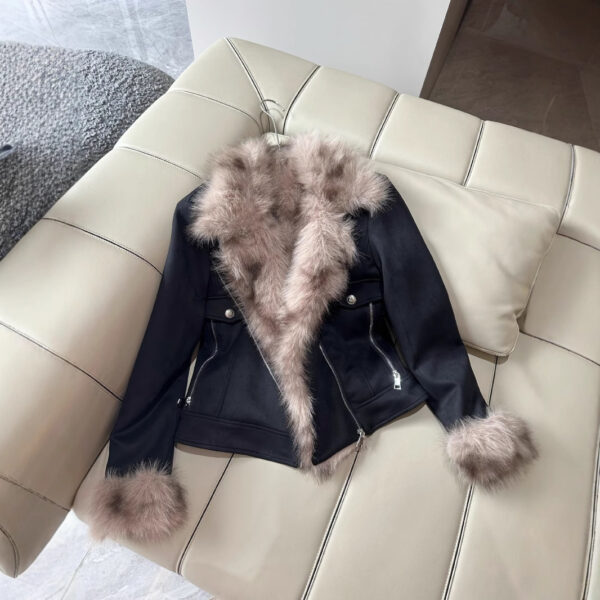 Winter Black Fur Motorcycle Warm Jacket - Image 6