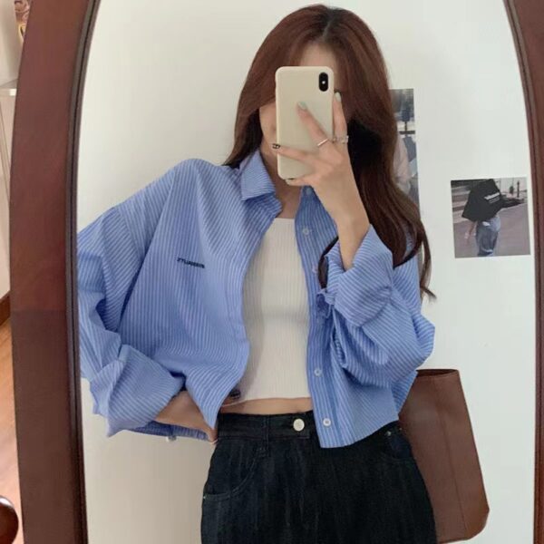 Vertical Striped Short Embroidery Shirt - Image 2