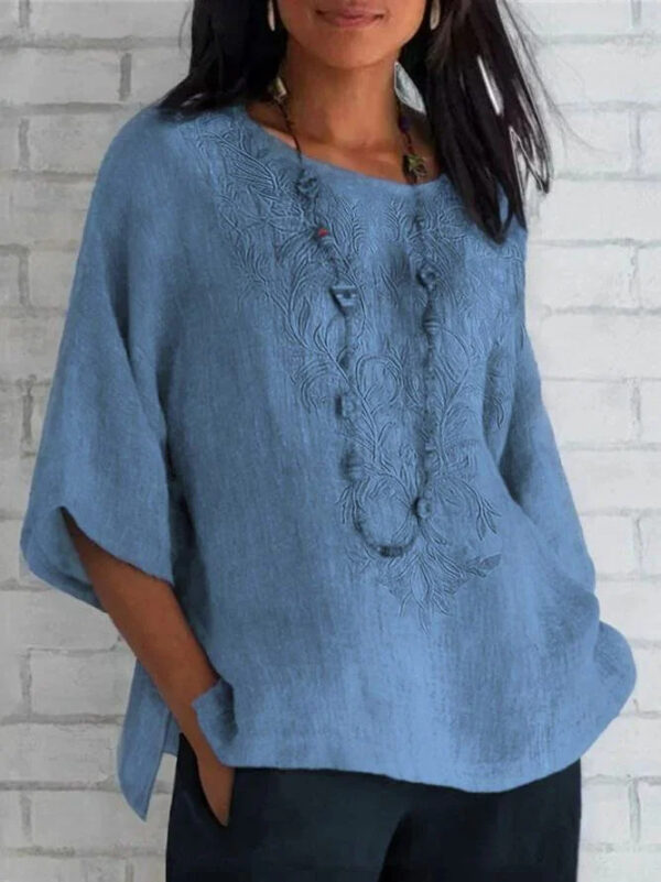 Autumn And Winter Women's Three-quarter Sleeve Loose Casual Print T-shirt Linen Cotton And Linen - Image 3