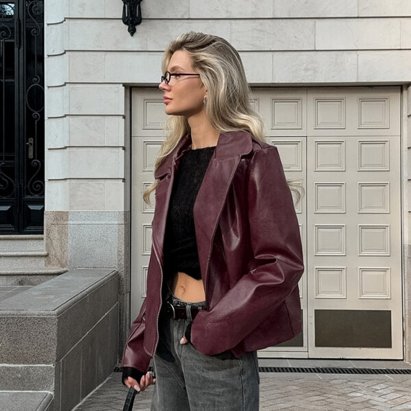 Wine Red Faux Leather Suit Collar Long Sleeve Jacket - Image 2