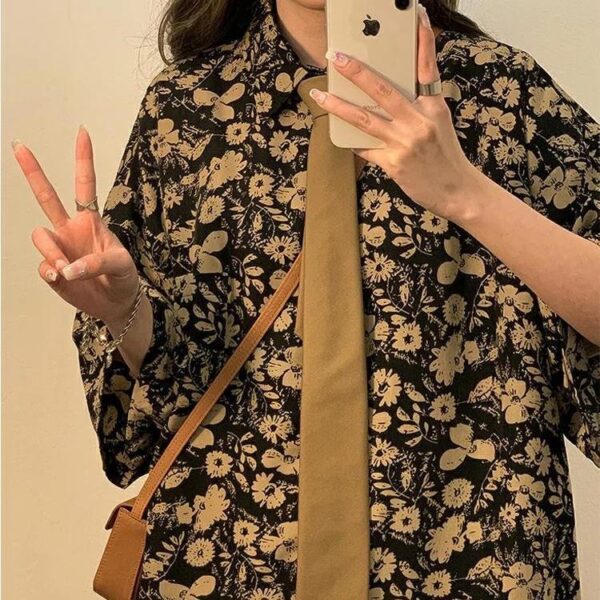 Hong Kong Style Flower Loose Short Sleeve Shirt Top Summer Thin - Image 2