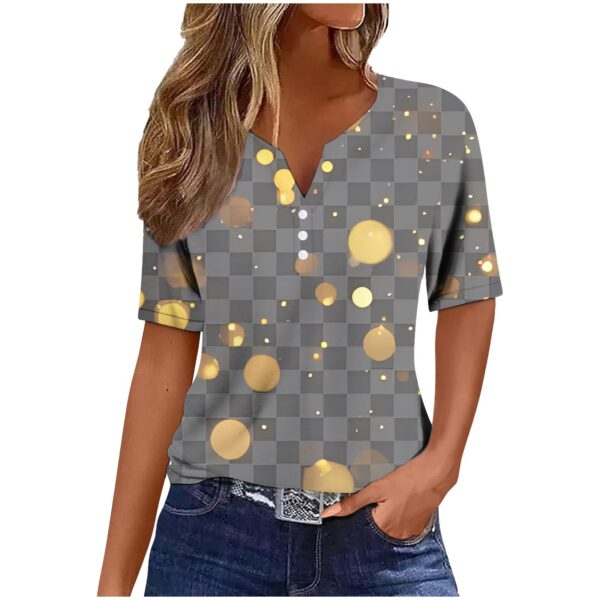 Women's Sequin Stitching Floral Three-button V-neck Short Sleeve - Image 4