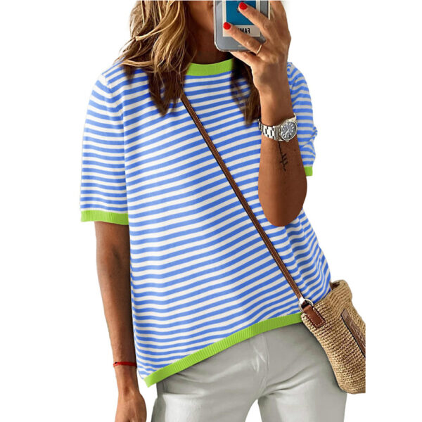 Women's Round Neck Striped Contrast Color Short Sleeve Casual - Image 10