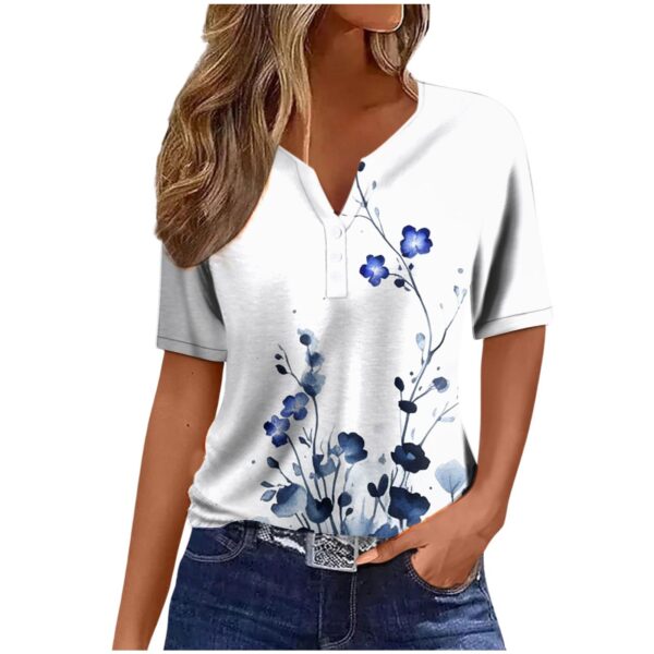 Women's Sequin Stitching Floral Three-button V-neck Short Sleeve - Image 5