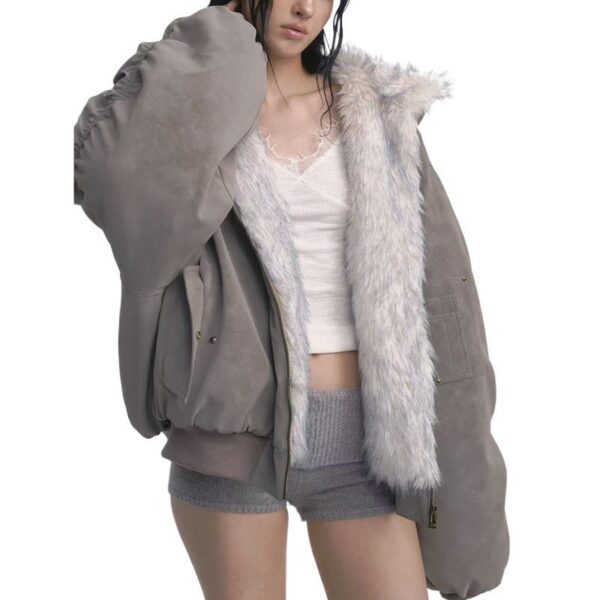 Gray Double-sided Dyed Pointed Fur Vintage Cotton-padded Jacket Coat - Image 5