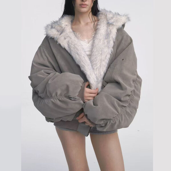 Gray Double-sided Dyed Pointed Fur Vintage Cotton-padded Jacket Coat - Image 3