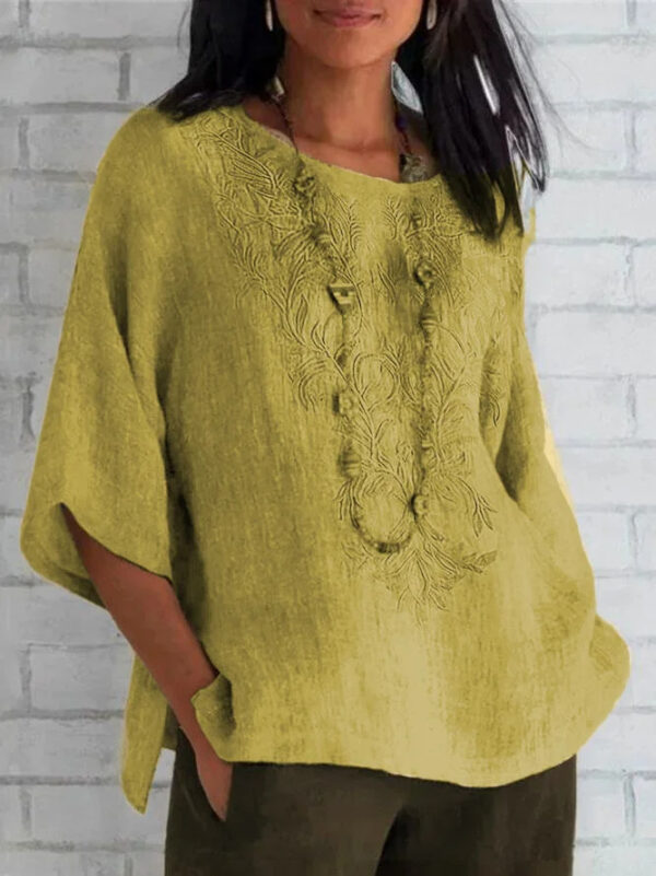 Autumn And Winter Women's Three-quarter Sleeve Loose Casual Print T-shirt Linen Cotton And Linen - Image 4