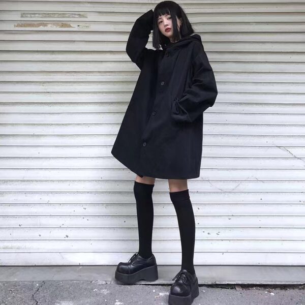 Dark Hooded Loose Coat Women's Clothing - Image 6