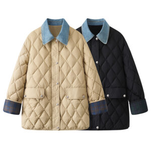 New Denim Stitching Diamond Plaid Cotton Coat Jacket Women