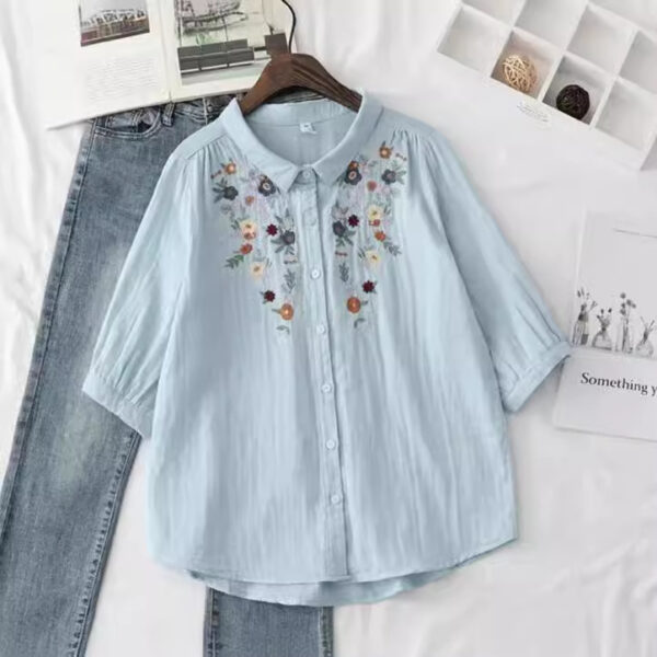 Women's Flower Embroidered Cotton Yarn Shirt Summer - Image 4