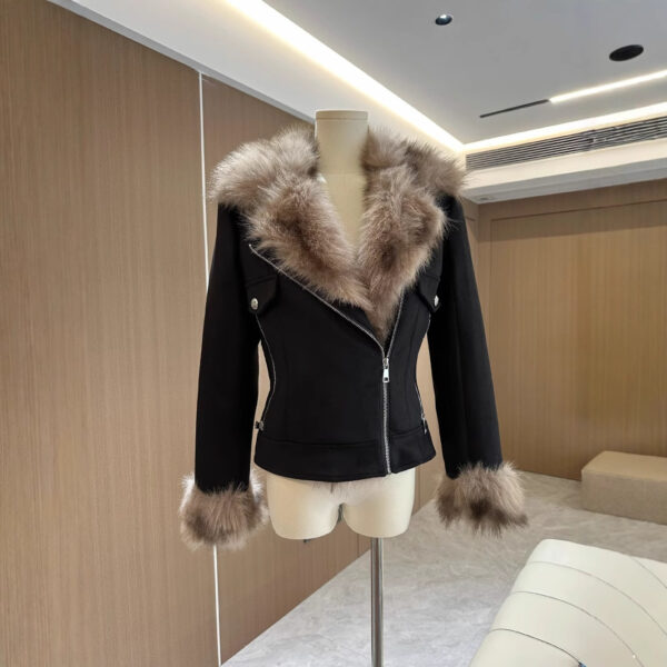 Winter Black Fur Motorcycle Warm Jacket - Image 4
