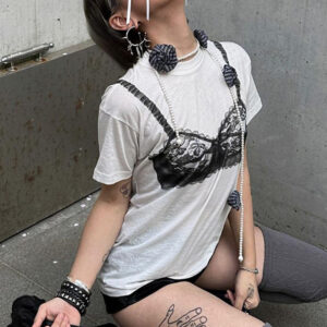 Women's Design Contrast Color Lace See-through Corset Short Sleeve