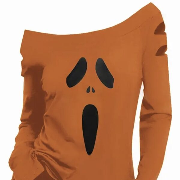 Ladies' Halloween Pumpkin Printed Diagonal Collar Hollow Long Sleeve Gothic T-shirt - Image 2