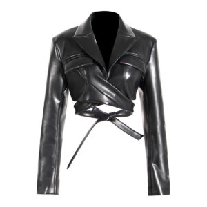 Full Open Cross Lace-up Waist-controlled Chest-flattering Long Sleeve PU Leather Short Coat