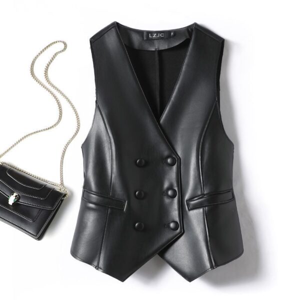 Leather Coat Western Style Double Breasted Vest Short Slim Fit Slimming - Image 3