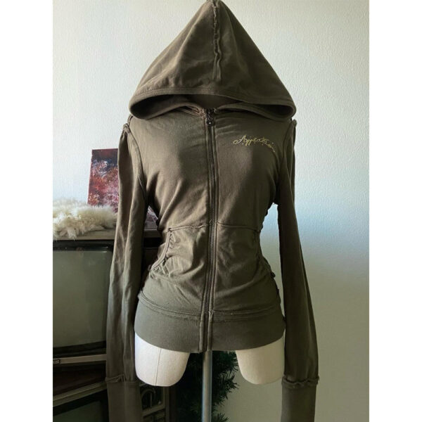 Autumn American Style Vintage Design Olive Green Hooded Printed Sweater - Image 4
