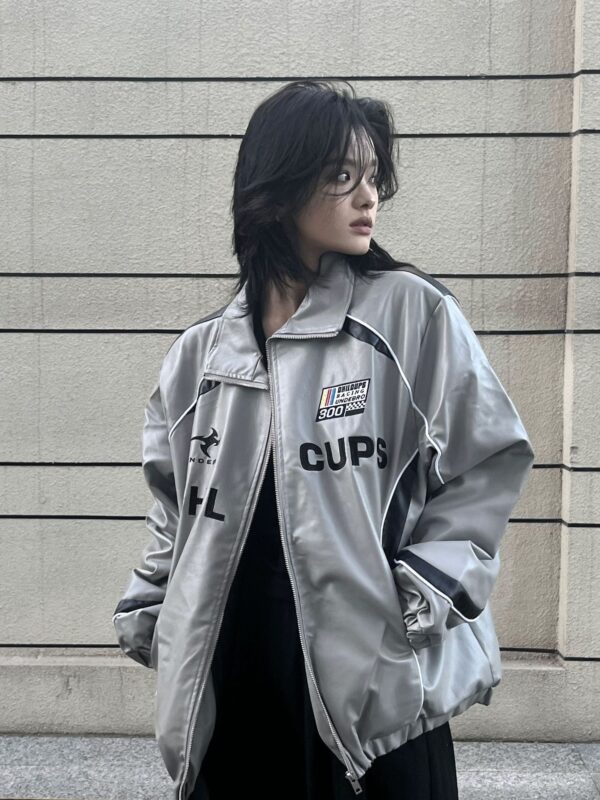 Loose American Couple Embroidered Motorcycle PU Jacket - Image 8