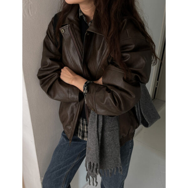 South Korea Chic Early Autumn Retro Handsome Motorcycle Leather Coat - Image 6