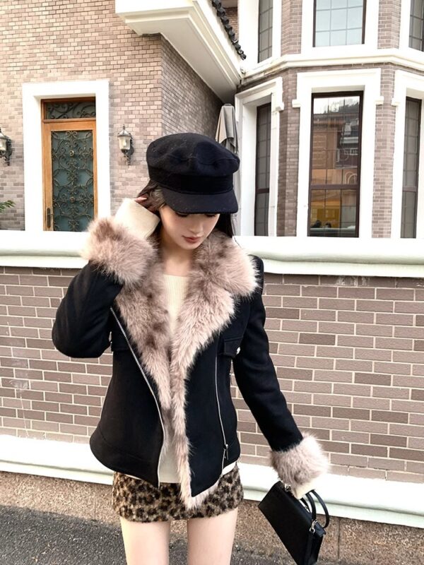 Winter Black Fur Motorcycle Warm Jacket - Image 5