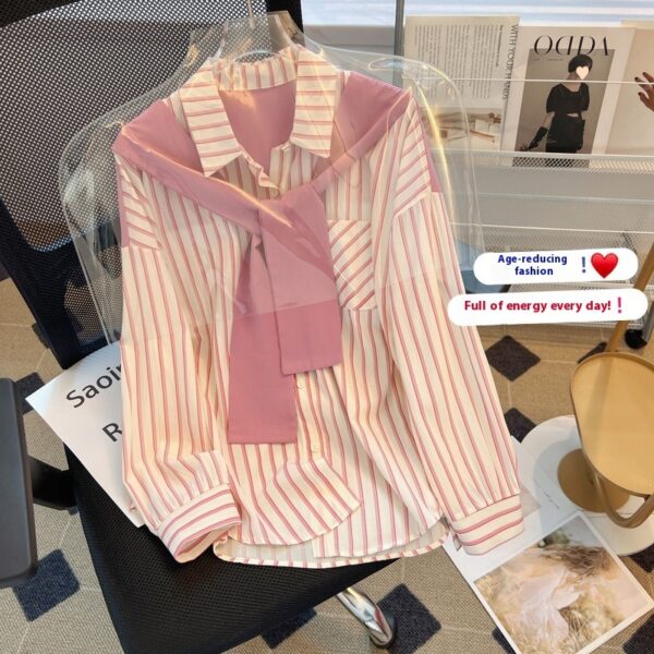 Retro Loose And Stylish Long Sleeves Striped Shirt For Women - Image 6