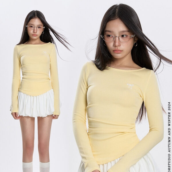 Early Spring Round Neck Pleated All-match Long-sleeved T-shirt