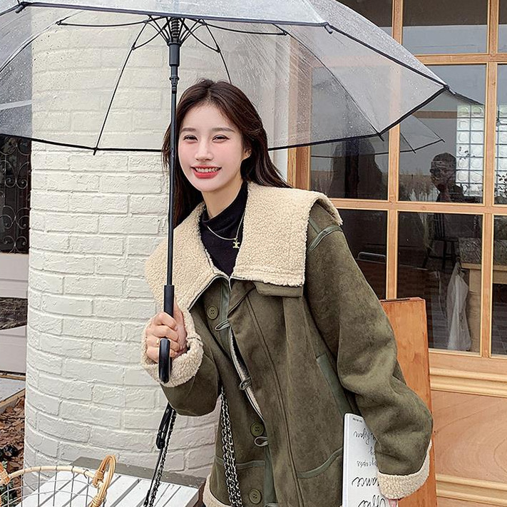 Women's Korean-style Retro Green Suede Lambswool Coat - Image 4