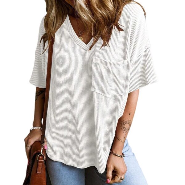 Fashionable Two-tone Pullover Short Sleeve V-neck Top For Women - Image 4