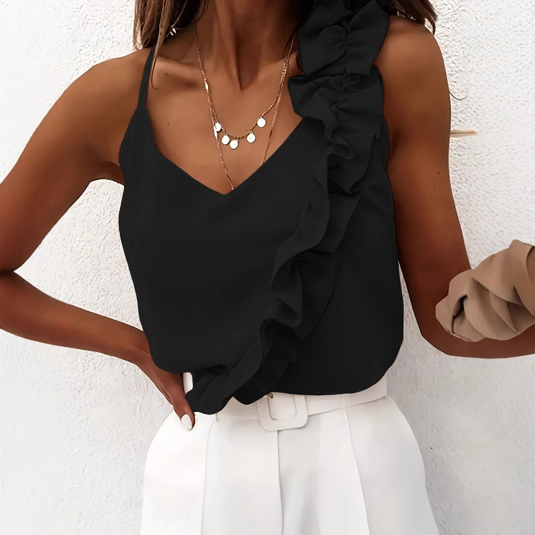 Women's Summer Lotus Leaf Lace Solid Color Slim Fit Camisole Top