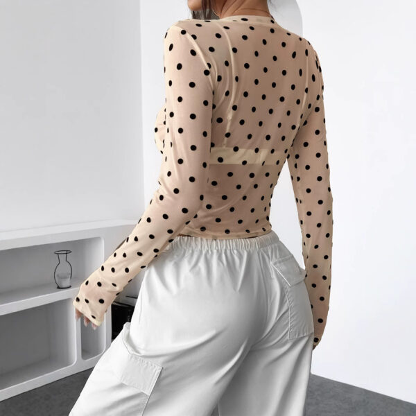Design Sense See-through Dot Slim Mesh Round Neck Long Sleeve T-shirt - Image 6