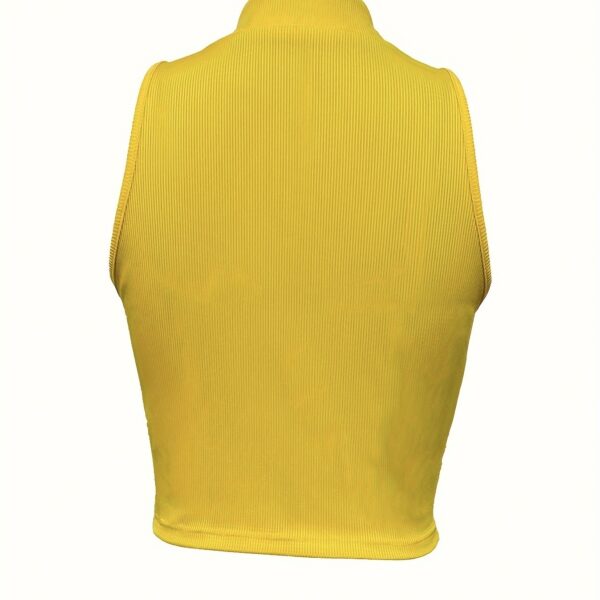 Women's Solid Color Ribbed Knit Short Zipper Design Off Shoulder Stand Up Collar Vest Top - Image 3