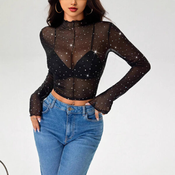 Stand-up Collar Long-sleeved Mesh Transparent Sequined Decorative T-shirt Top - Image 4