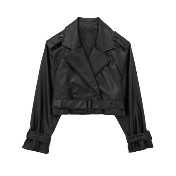 Autumn New European And American Leisure Imitation Leather Loose Short Trench Coat - Image 2